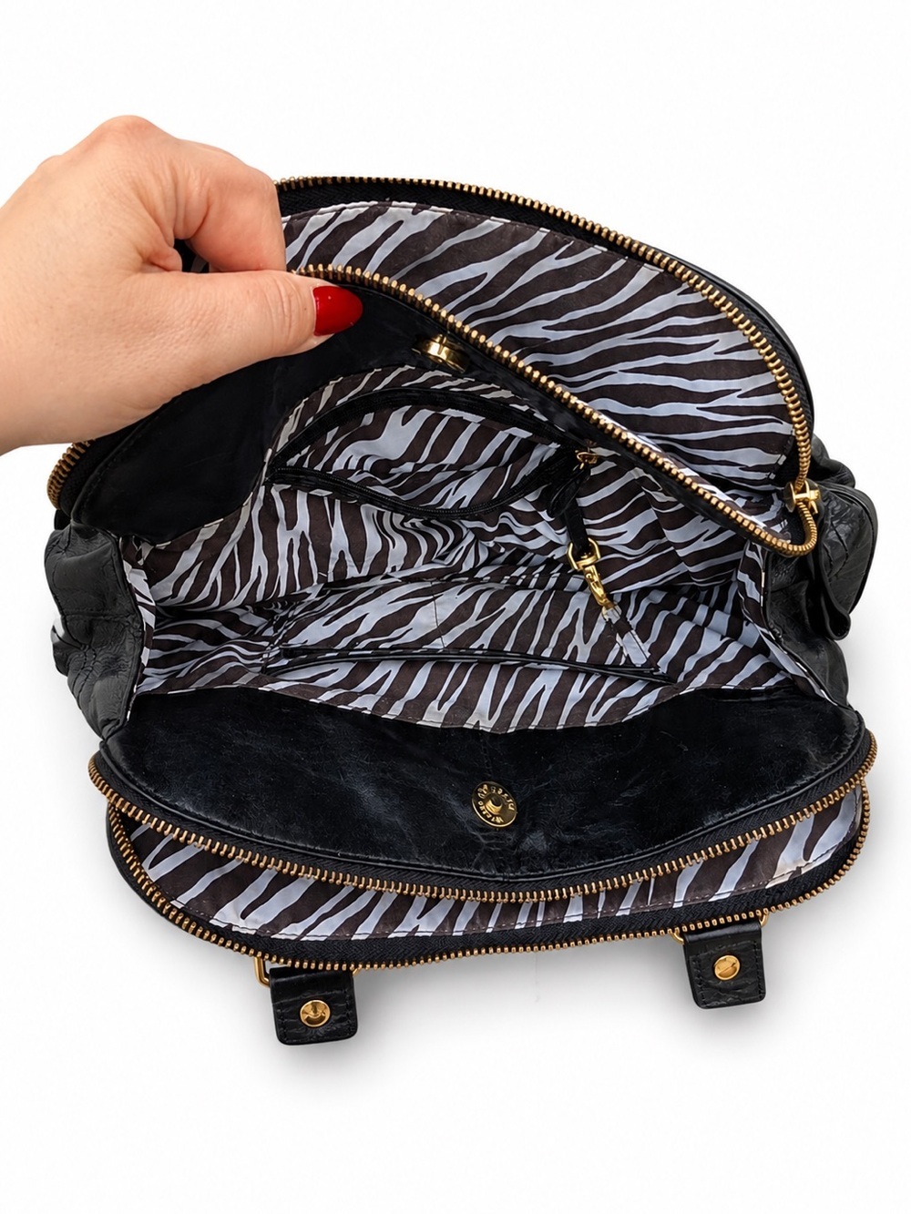 Vintage Kate Landry Black Glossy Leather Satchel Y2K Zebra Lined Shoulder Bag - Picture 5 of 8